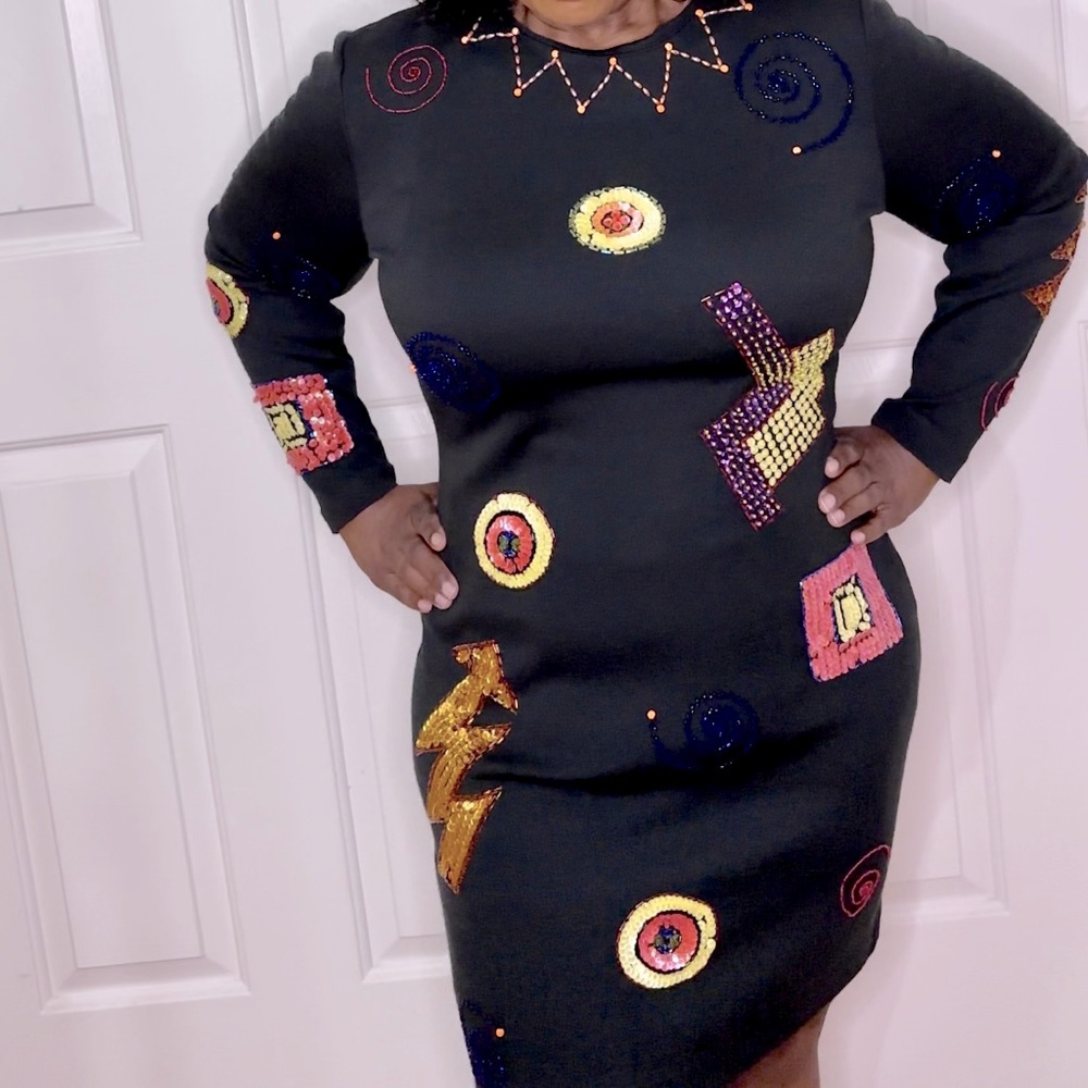 LIZ CLAIBORNE Vintage Long Sleeve Beaded Bodycon Dress-Medium